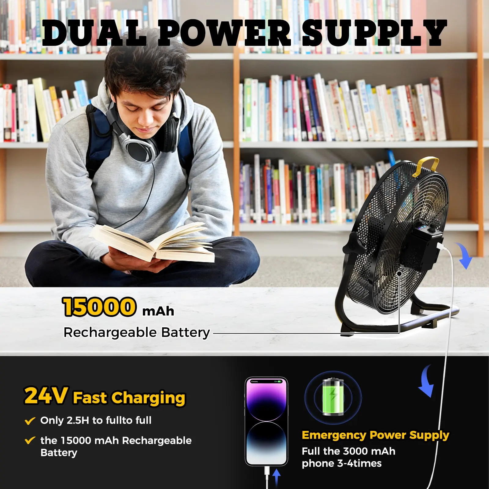 Smartele Super-Silent Battery Operated Fan Portable Floor Fan - Image 7